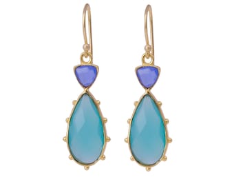 Aqua Blue Chalcedony Gold Plated Earrings, Gemstone Teardrop Dangle Earring, Dainty Handmade Statement Jewelry