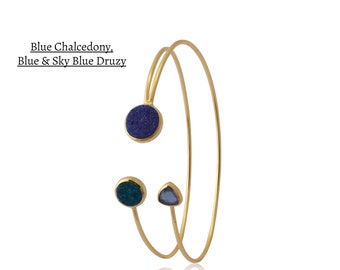 Handmade Gold Plated Chalcedony Druzy Bangle, Adjustable Gemstone Cuff