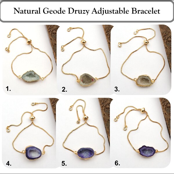 New Style Geode Druzy Pull Bracelet, Blue Geode Druzy Adjustable Slide Clasp Pull Tie Bracelets, Real Geode With Box Chain Bracelet. B-8975