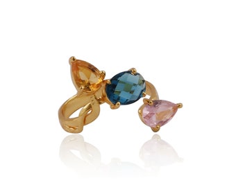 Gold Plated Three Stone Ring: Citrine, Topaz, Amethyst, Adjustable