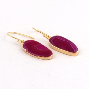 Gold Plated Hook Style Earrings, Natural Agate Slice Gemstone, Polished Agate Gemstone Pairs, Handmade Earring Jewelry (B-1676)