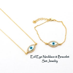 Evil Eye Necklace & Bracelet Set Combo Jewelry, Minimalist Evil Eye Pendant, Cubic Zircon Pave Setting Evil Eye Layering Necklace. 2140