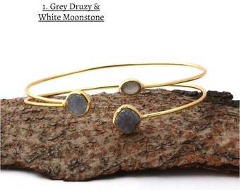 Dainty Gemstone Bangle Jewelry, Druzy White Moonstone Adjustable Bracelets Bangle, Three Stone Party Wear Handmade Statement Jewelry. 2644