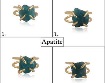 Apatite Gemstone Rings, Adjustable Gold Plated Ring, Natural Raw Apatite Rings, Prong Stackable Ring Jewelry, Fancy Shape Rough Ring. B-5938