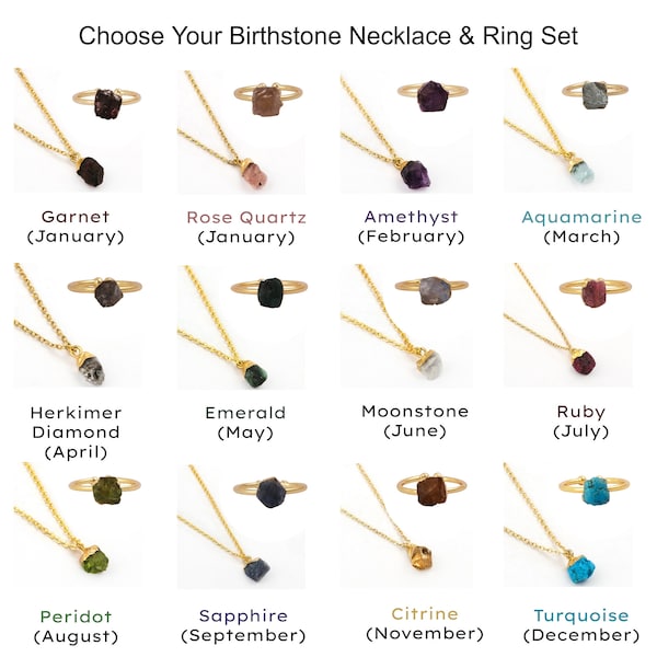 Choose Your Birthstone Raw Necklace Ring Combo Natural Gold Electroplated Fancy Birthstone Jewelry, Dainty Handmade Crystal Jewelry Set 2112