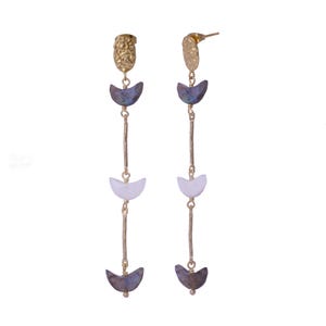 Rainbow Moonstone Labradorite Earrings, Gold Plated Long Dangle Earrings, Textured stud Earrings, Moon Shape Drop Earrings, Gift for mom