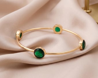 Emerald Green Stone Gold Cuff Bracelet, Adjustable Gold Bangle, Minimalist Bracelet, Everyday Jewelry, Gift for Women