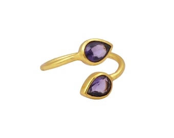Double Gemstone Adjustable Rings, Dainty Gold Plated Hydro Gemstone Rings, Open Ring For Her Handmade Stacking Ring Jewelry Women . 2190