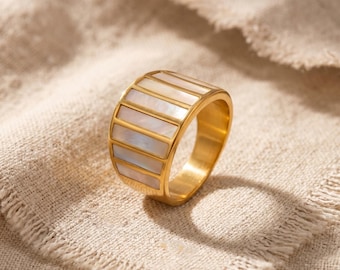 Gold Mother of Pearl Wide Band Ring, Statement Ring, Geometric Stripe Ring, Minimalist Gold Ring, Handmade Gift for Women, Modern Jewelry