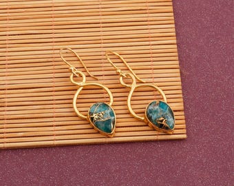 Mohave Copper Turquoise Earring, Gold Plated Dangle, Teardrop Gemstone, Handmade Statement Earrings for Her