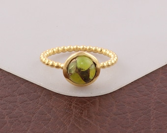Round Shape Mohave Turquoise Ring, Gold Plated Beaded Band Ring, Natural Gemstone Statement Women Ring, Copper Turquoise Collet Set Ring.