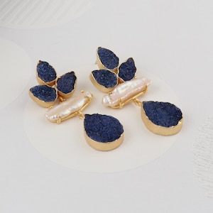 Natural Agate Druzy Gemstone Earring, Pear Shape Druzy Earring, Yellow Gold Plated Earring, Party Wear Earring Women & Girls Gift Jewelry.