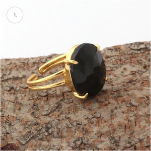 Black Onyx Stone Ring, Faceted Checker Cut Stone Ring, Gold Plated Ring, Statement Ring Open Adjustable Ring, Gemstone Ring, Gift For mom