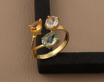 Handmade Gold Plated Gemstone Ring: Citrine, Topaz & Amethyst
