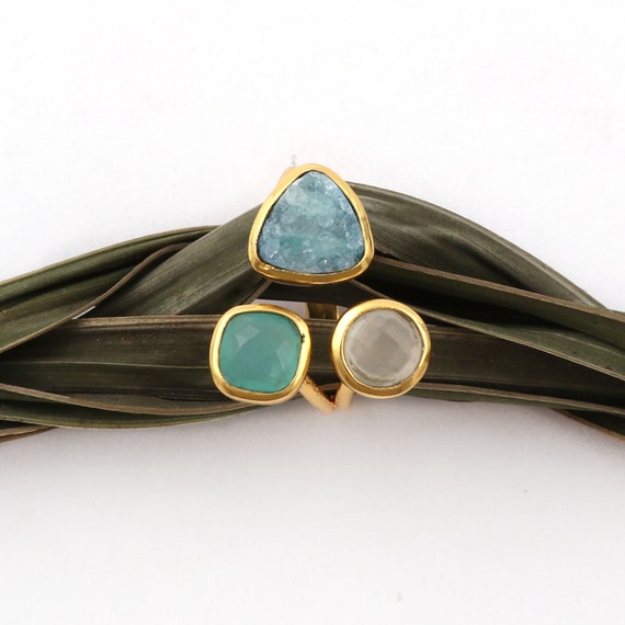 Statement Three Stone Ring Gold Plated Open Rings, Sugar Druzy