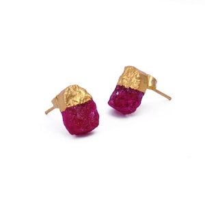 Natural Ruby Raw Stone Post Earrings, Dainty Gemstone Earrings, Gold Plated Earring, Stud, Birthstone Earring, Handmade Boho Gift Jewelry