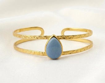 Blue Opal Pear Shape Gemstone Bangle, Gold Plated Cuff Bangle, Handmade Statement Adjustable Bracelet, Textured Cuff Band Bangle. 2161