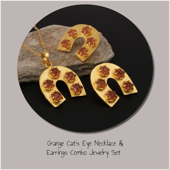 Orange Cat's Eye Jewelry Set Gemstone Dangling Earring Etsy
