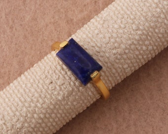 Natural Lapis Lazuli Bar Gemstone Rings, Handmade Gold Plated Brass Ring