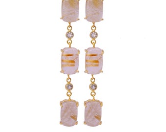 Golden Rutile Quartz CZ Earrings, Gold Plated Dangle stud Earrings, Handmade Gemstone Jewelry, Dainty Boho Statement Earrings, Gift For Her