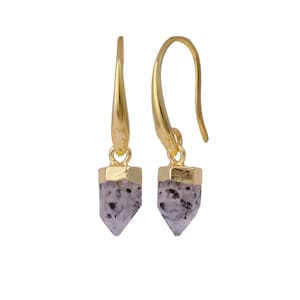 May include: A pair of gold dangle earrings with a gray and white crystal point pendant.