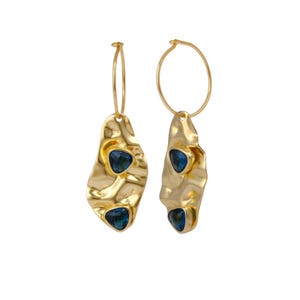 Gold Hoop Earrings with Blue Sapphire Quartz Gemstone Drops, Wavy Design Textured Statement Jewelry, Gift For Wife, Brass Earring Jewelry
