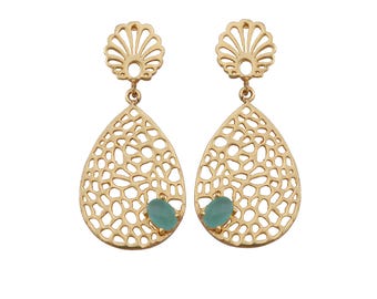 Aqua Chalcedony Drop Earring, Gemstone Gold Plated Flower Stud Dangle Earrings, Handmade Jewelry