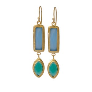 May include: Gold earrings with a light blue rectangular stone and a teardrop-shaped green stone.