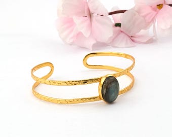Labradorite Gemstone Bracelet, Hammered Design Double Band Cuff Bangle Jewelry, Handmade Statement Bangle, Gift For Her. 2158