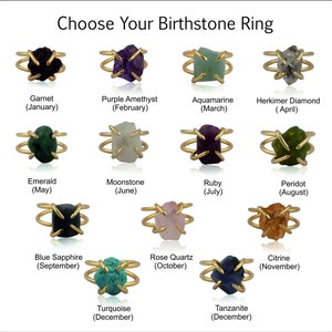 Choose Your Birthstone Ring, Raw Natural Gemstone Rings, Prong Setting Gold Plated Jewelry, Rough Stone Fancy Shape Ring,Gift For Women 1730