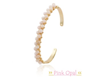 Gemstone Faceted Beads Bangle, Pink Opal Round Beads Adjustable Bracelet, Gift Bangle Jewelry, Opal Beads Bangle Women Jewelry. (1405)