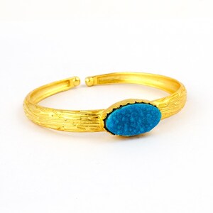 Natural Sugar Druzy Bangle Bracelet, Oval Shape Gemstone Bracelet Bangles, Gold Textured Band Adjustable Bangles, Statement Jewelry Women.