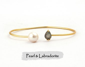 Pearl With Labradorite Gemstone Bangles, Prong Setting Pear Shape Stone Open Cuff Bangle & Bracelet, Wholesale Jewelry Gift For Her. 2297