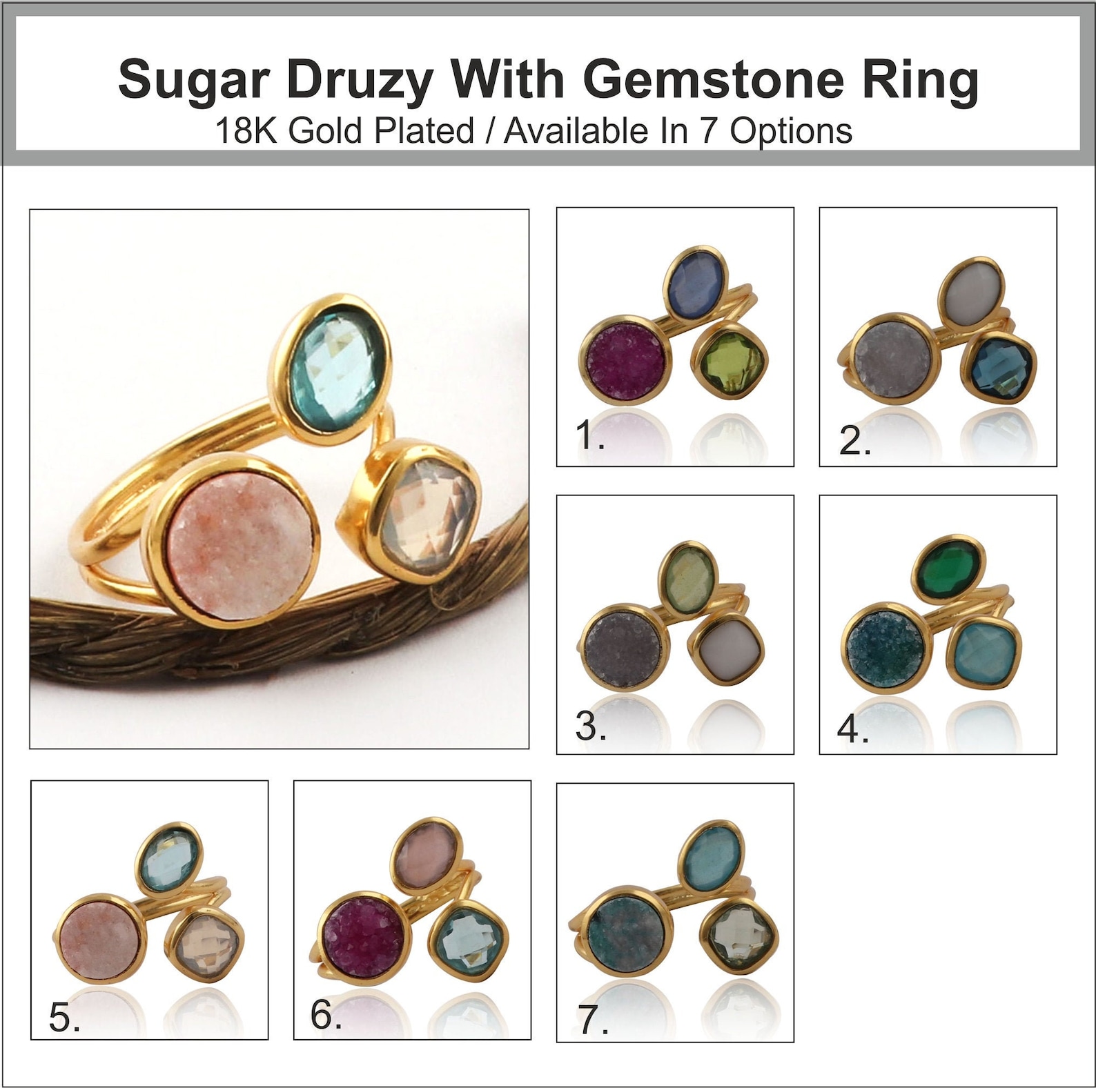 Beautiful Gemstone Ring Jewelry Three Stone Adjustable | Etsy
