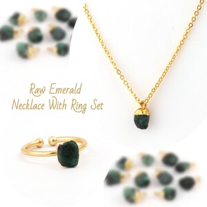 Emerald Raw Gemstone Necklace With Ring Set, May Birthstone Emerald Rough Pendant Necklace, Customized Boho Crystal Jewelry Gift. B-10346