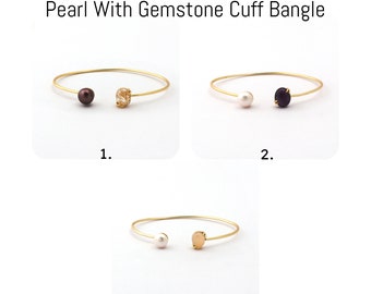 Pearl & Gemstone Cuff Bangle, mooie stijl edelsteen verstelbare bangle armband, handgemaakte parel stapelen bangle cadeau-item voor haar.  2094