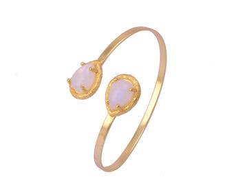 Rainbow Moonstone Gold Cuff Bracelet, Adjustable Gemstone Bangle