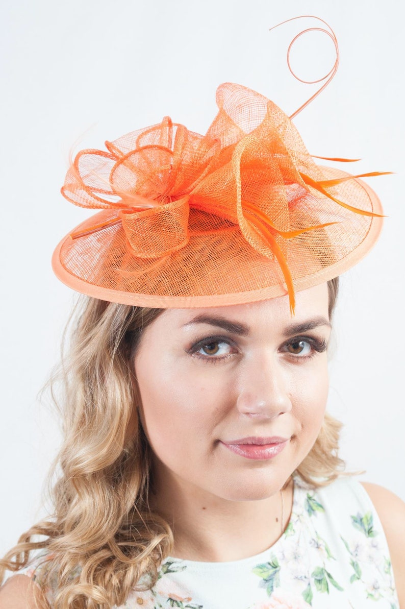 Race day Occasion wear Wedding guest Oriental Lily Orange Floral Sinamay Fascinator Hat