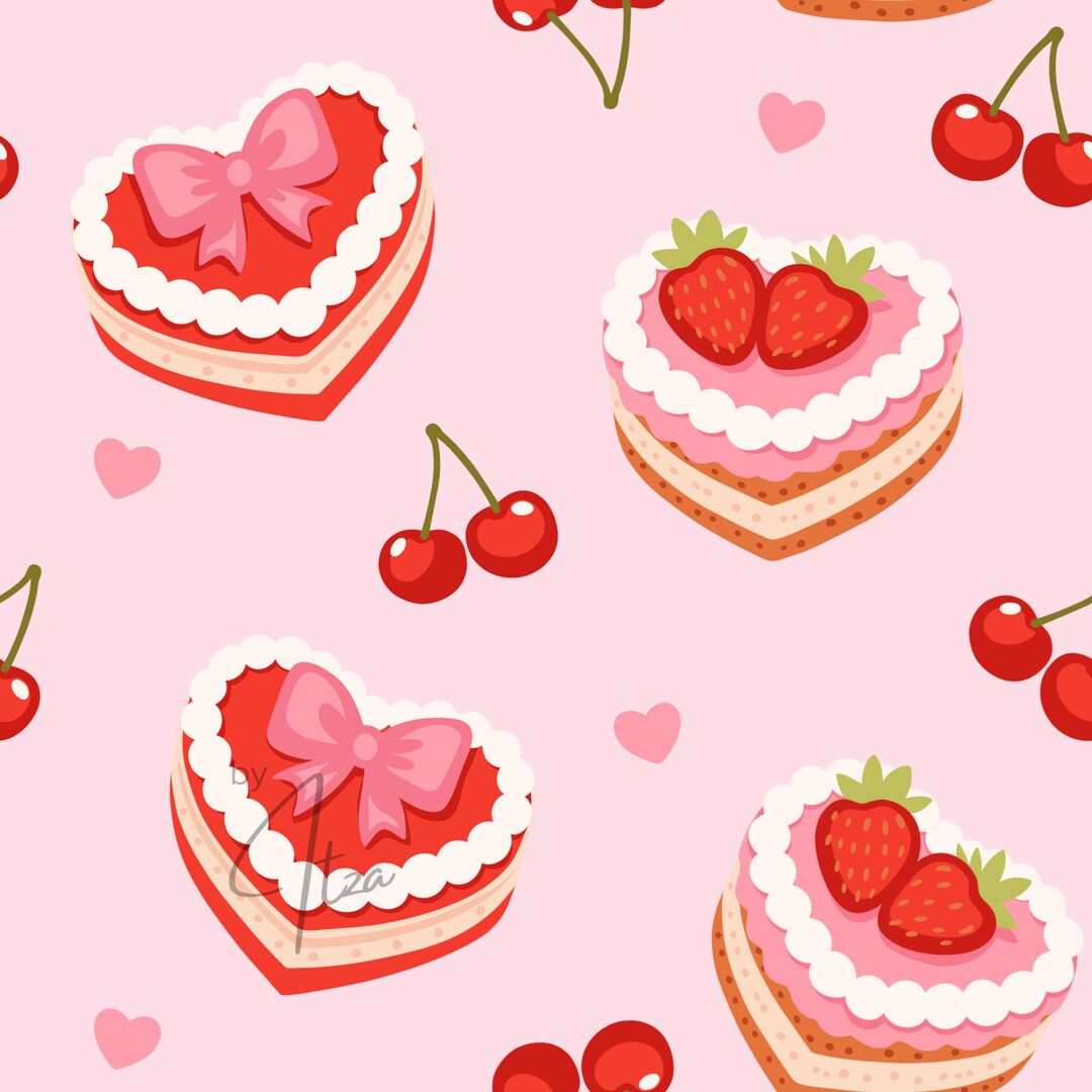 Heart Cake Seamless Pattern, Pink and Red Cherries Digital Paper, Cute ...
