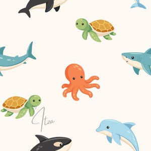 May include: A repeating pattern of cartoon sea creatures on a cream background. The design includes a variety of marine life, such as sharks, dolphins, turtles, an octopus, and orcas. The image has a playful and whimsical style.