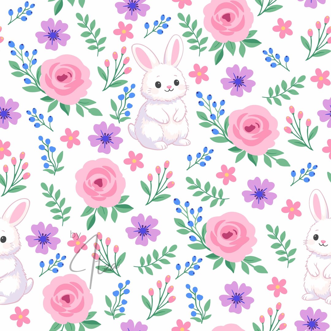 Bunny Floral Seamless Pattern, Spring Easter Digital Paper in Green ...