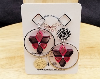 Asymmetrical pink and purple paper hanging earrings