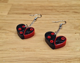 Red and black paper heart dangling earrings
