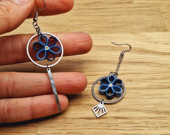 Different mismatched asymmetrical blue paper earrings