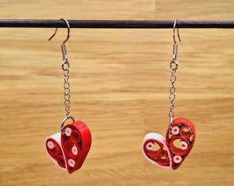 Red and pink paper heart dangling earrings