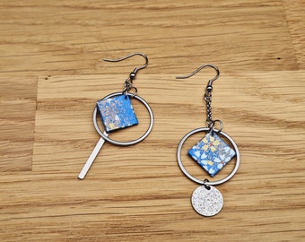 Different mismatched asymmetrical silver light blue white earrings
