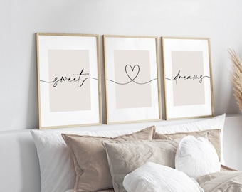 Sweet Dreams Beige Prints, Set of 3, Bedroom Print, Neutral Home Prints, Nursery Prints, Sleep Prints, Wall Art, Sleep Prints, Bed Print