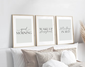 Neutral Sage Green Bedroom Prints, Good Morning Prints, Set of 3, Bedroom Print, Beige Home Prints, Love Print, Above Bed Prints, Wall Art
