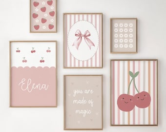Mädchenzimmer Poster, 6er-Set, Pastell Bilder, personalisierte Name Mädchen Wandkunst, Kinderzimmer Drucke, Mädchenzimmer Dekor, neutrales Schlafzimmer