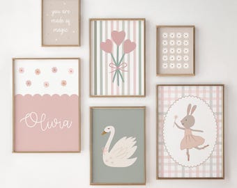 Girls Room Prints, Set of 6, Gallery Wall Prints, Pink & Sage Green, Personalised Name Girls Wall Art, Nursery Prints, Neutral Girls Bedroom